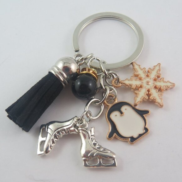 Ice Skating Keychain Winter Lover Gift for Girl or Woman Penguin Snowflake Charm - Picture 1 of 4